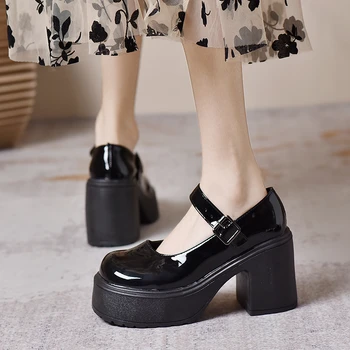 Женские весенние новые винтажные тонкие туфли на платформе с массивным каблуком, женские студенческие туфли-лодочки с мелким каблуком