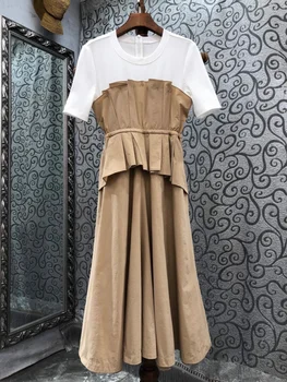 2023 Весна-лето, новое женское комбинированное Контрастное плиссированное платье трапециевидной формы средней длины с талией, повседневное платье Миди-Vestidos De Mujer