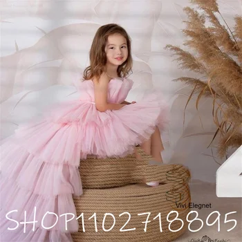 Модные летние многоуровневые платья с розовыми рукавами для девочек в цветочек 2023, летние платья для причастия для девочек, тюлевые платья на молнии сзади